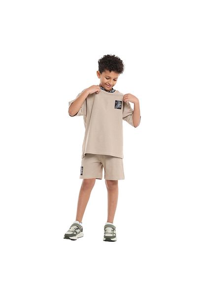 Victor and Jane Boys' Cord Set – Beige T-Shirt and Shorts Outfit with Label Detail