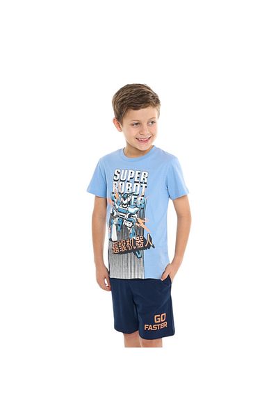 Victor and Jane Boys' 2 Piece Sets with Matching T-shirt And Slogan Print Shorts- Blue and Navy