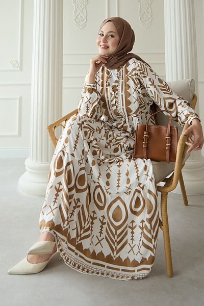 InStyle Brown Viscose Dress with Colorful Motif Pattern