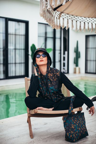 MASSMİZO Wild Camo Women's Short Patterned Zippered Full Covered Hijab Swimsuit Set of 3