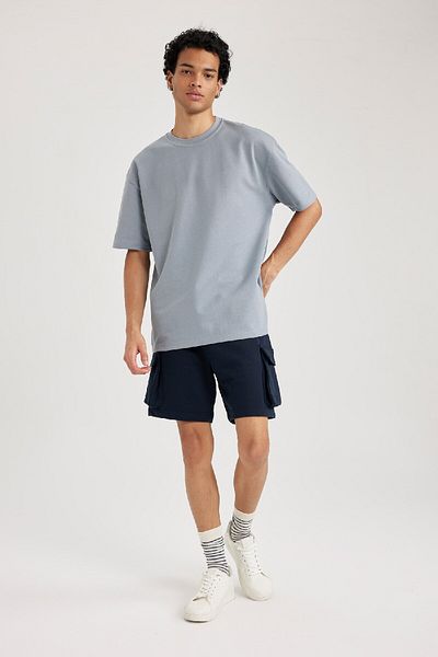 DeFacto Oversize Wide Fit Crew Neck Krátký rukáv Základní hladké tričko z těžké tkaniny X3926Az23Au