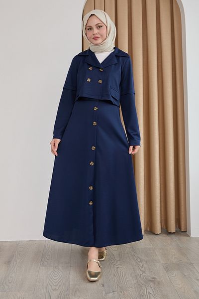 InStyle Navy Blue Double Suit with Buttoned Skirt