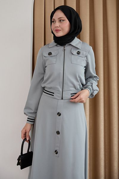 InStyle بدلة مزدوجة رمادية بأزرار مضلعة