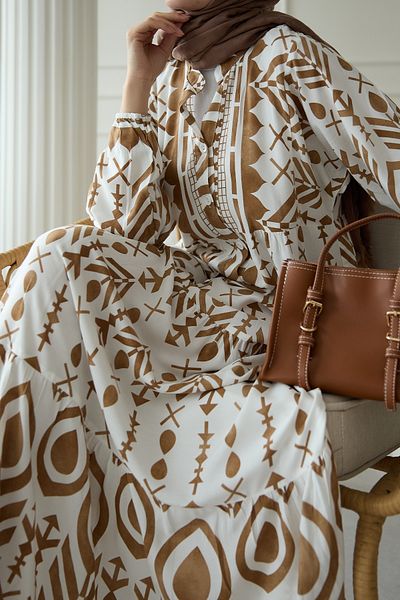 InStyle Brown Viscose Dress with Colorful Motif Pattern
