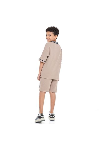 Victor and Jane Boys' Jacquard Set – Light Brown 2-Piece Outfit with Label Detail