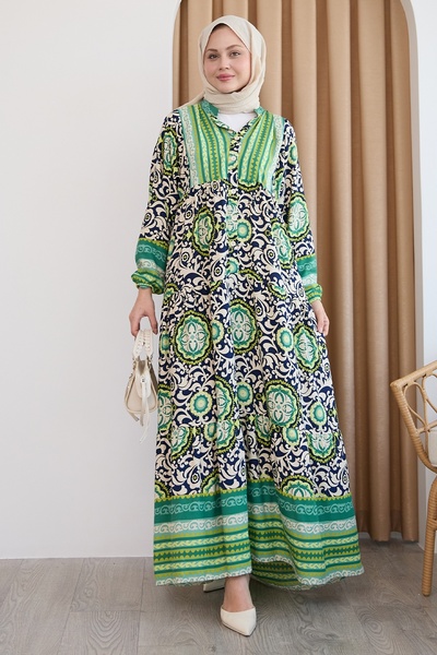 InStyle Marbled Ethnic Patterned Green Viscose Dress