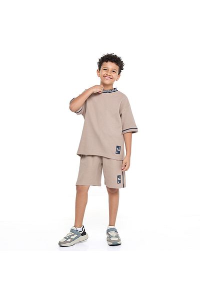 Victor and Jane Boys' Jacquard Set – Light Brown 2-Piece Outfit with Label Detail