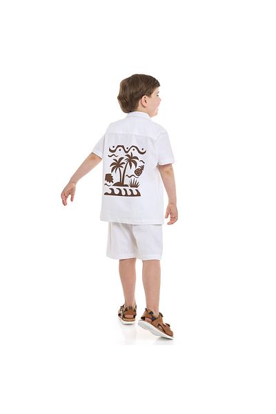 Victor and Jane Boys' Casual Cotton Shirt & Shorts Set with Back Print – Short Sleeve Outfit - Off White