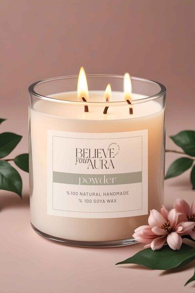Believe Your Aura Pudra Kokulu Büyük Kavanoz Mum - %100 Doğal Soya Mumu Ahşap...