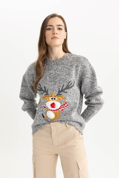 DeFacto Pulover de tricotaj cu decolteu cu tematică de Anul Nou A9655ax23cw