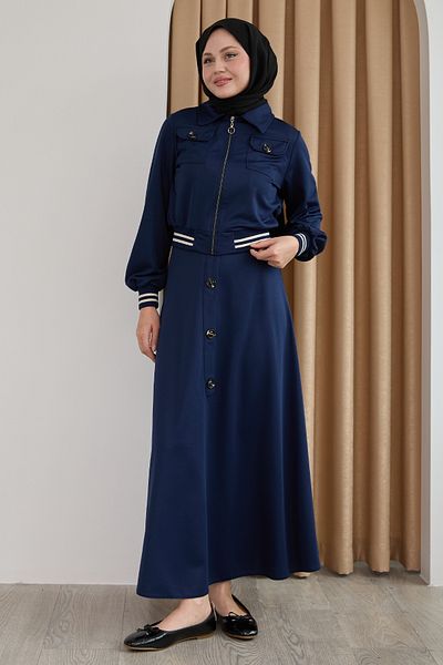InStyle Ribbed Buttoned Navy Blue Double Suit