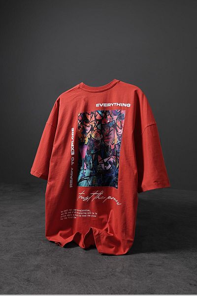 Slatra Men's Red Everything Patch Print Oversize Tshirt