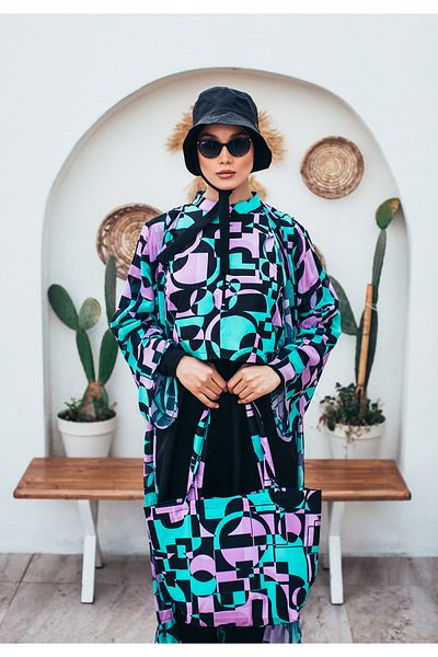 MASSMİZO Nova Women's Short Patterned Zippered Fully Covered Hijab Swimsuit Set of 3