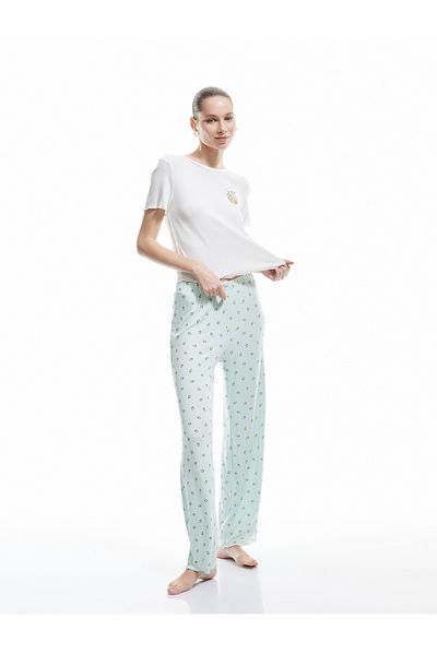 Koton New Season Viscose Fabric Crew Neck Short Sleeve Lemon Printed Pajama Set
