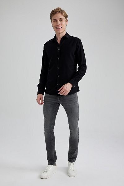 DeFacto Slim Fit Slim Fit βαμβακερό Basic μακρυμάνικο μαύρο πουκάμισο A4644ax23au