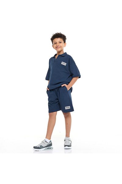 Victor and Jane Boys' Jacquard Set – Navy 2-Piece Outfit with Pockets, Polo T-Shirt and Shorts