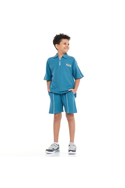 Victor and Jane Boys' Jacquard Set – Teal 2-Piece Outfit with Pockets, Polo T-Shirt With Half  Zipper and Shorts