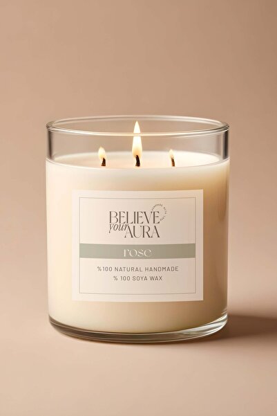 Believe Your Aura Gül Kokulu Büyük Kavanoz Mum - %100 Doğal Soya Mumu Ahşap K...