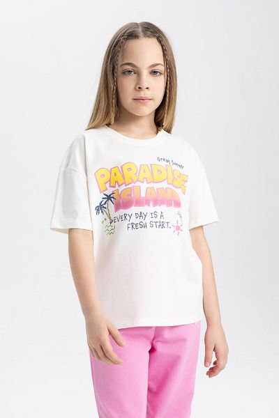 DeFacto Girl's Crew Neck Printed Relax Fit T-Shirt - Short Sleeve B5125A824Hs