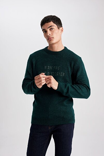 DeFacto Relax Fit Crew Neck Potištěný pletený svetr B3856Ax23Wn