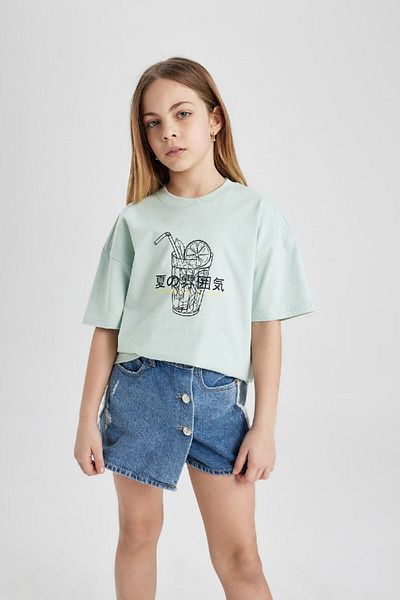 DeFacto Girls Oversize Wide Fit Crew Neck Printed Short Sleeve T-Shirt B5169A824Hs