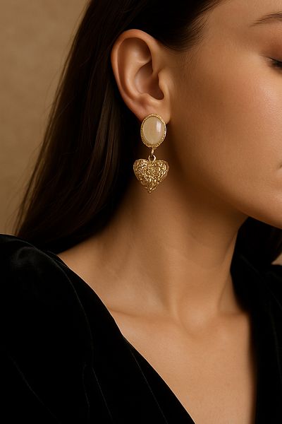 HERCY White Enamel Dangle Large Heart Earrings |   Design Gold Earrings |   Heart Earrings