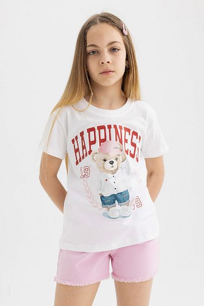 DeFacto Girl's Crew Neck Teddy Bear Printed Short Sleeve T-Shirt B5124A824Hs