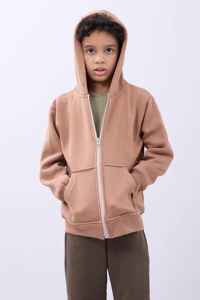 Perendi Unisex Children's Hooded Zipper Cardigan – Brown Comfortable and Stylish Casual Top