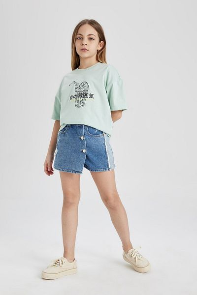 DeFacto Girls Oversize Wide Fit Crew Neck Printed Short Sleeve T-Shirt B5169A824Hs