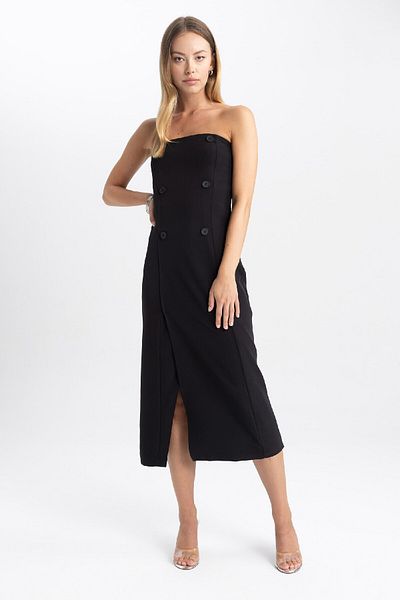 DeFacto Bezramínek Basic Plain Slit Midi Černé šaty B1997Ax23Au