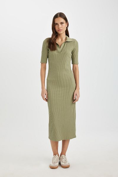 DeFacto Bodycon Polo Neck Fitted Basic Plain Ribbed Camisole Short Sleeve Midi Dress A2096Ax24Sp