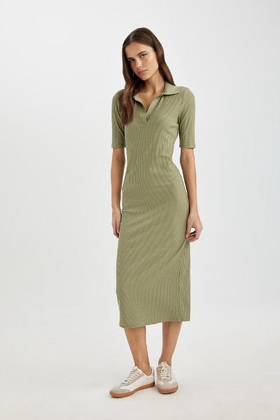 DeFacto Bodycon Polo Neck Fitted Basic Plain Ribbed Camisole Short Sleeve Midi Dress A2096Ax24Sp