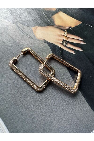 MODA Dikdörtgen Gold Taşlı Rose Gold Vip Küpe 3 cm