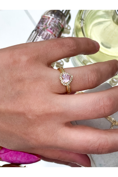 S.POLO ÇELİK KADIN KOLYE YÜZÜK TAKIM SET PEMBE TAŞLI