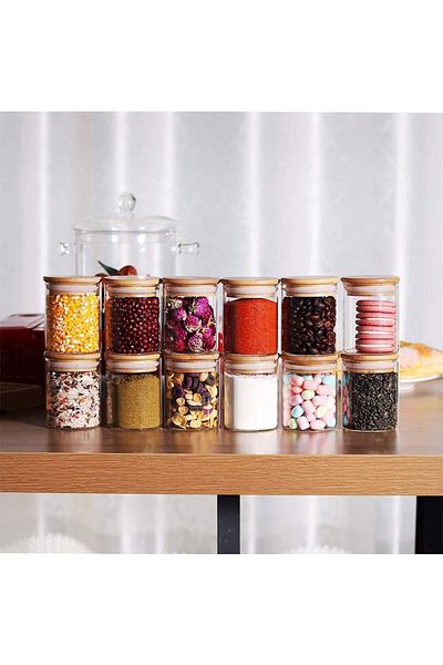 Lizzy Glass Spice Rack with Bamboo Lid 12 Pieces - Full Spice Rack Set