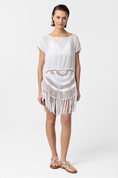 Deriderim Біла блузка з короткими рукавами та в'язаним декором