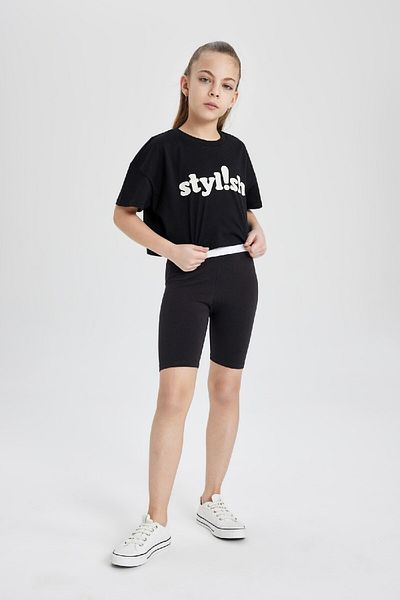 DeFacto Crew Neck Printed Girl's Crop T-Shirt - Short Sleeve B7181A824Sm