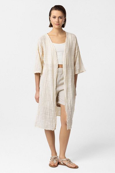 Deriderim Cream Three Quarter Sleeve Cotton Kimono with Wrap Detail
