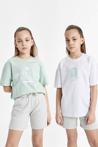 DeFacto Girl's Relax Fit Crew Neck Printed 2-Piece Short Sleeve T-Shirt B6703A824Sm
