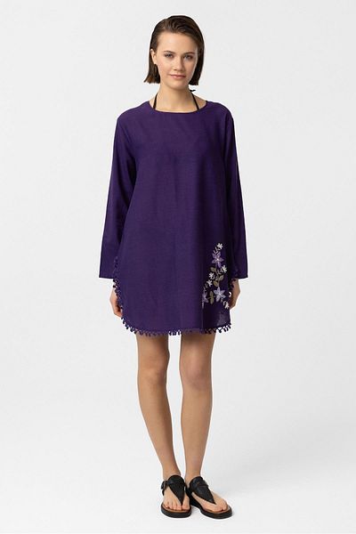 Deriderim Purple Embroidery Embroidered Long Sleeve Cotton Blouse Dress