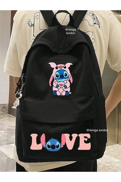 Minga London Stitch Pink Pig Costume Couple Printed School, Τάξη, Σακίδιο πλάτης με μπροστινή τσέπη -Minga London
