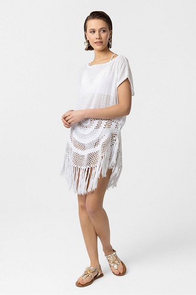 Deriderim Rochie bluză din tricot cu mânecă scurtă cu ciucuri alb