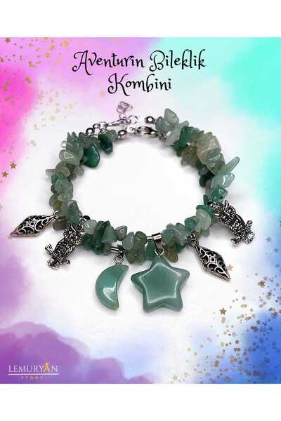 Herkimer Doğal Taş Orijinal Doğaltaş Aventurin Ay & Yıldız 2'li Bileklik Kombini