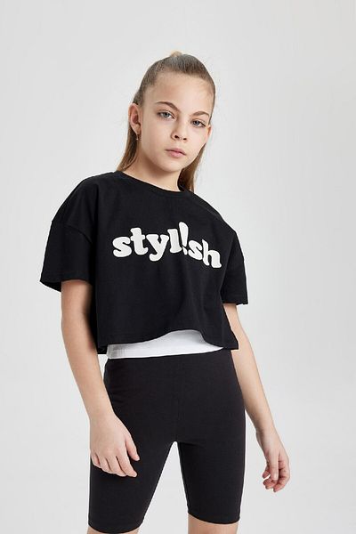 DeFacto Crew Neck Printed Girl's Crop T-Shirt - Short Sleeve B7181A824Sm