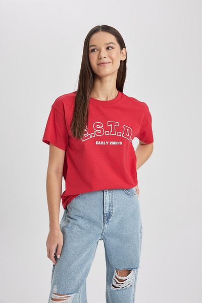 DeFacto Regular Fit Crew Neck nyomott rövid ujjú piros póló B6756ax24sm