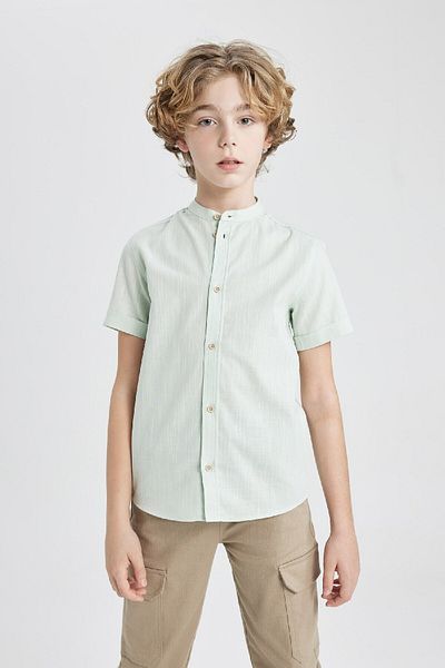 DeFacto Boy's Stand Collar Linen Look Short Sleeve Shirt Z5364a624sm