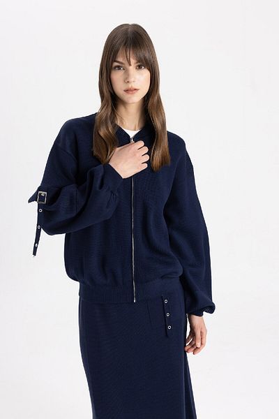 DeFacto College Collar Plain Zippered Knitwear - Bomber Cardigan B8859Ax24Sp