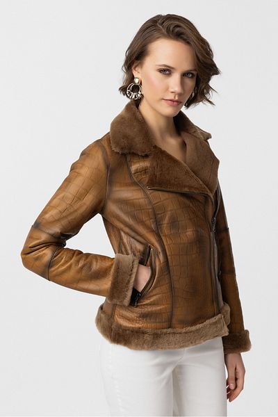 Deriderim Violet Genuine Lamb Fur Zippered Biker Whiskey Women's Coat