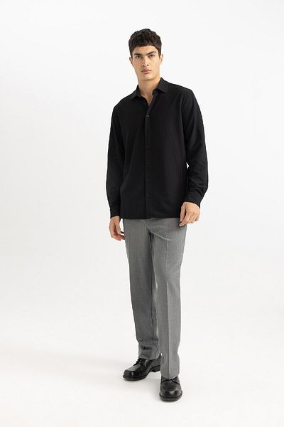 DeFacto Μοντέρνο Fit Polo Collar Basic Plain Crinkle μακρυμάνικο μαύρο πουκάμισο B7384ax24sp