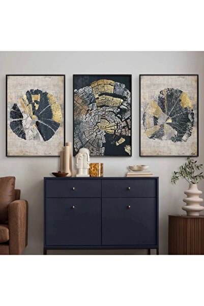 KOLAJTASARIM Ağaç Halkaları Desenli Siyah Metal Çerçeveli Cam Tablo /S